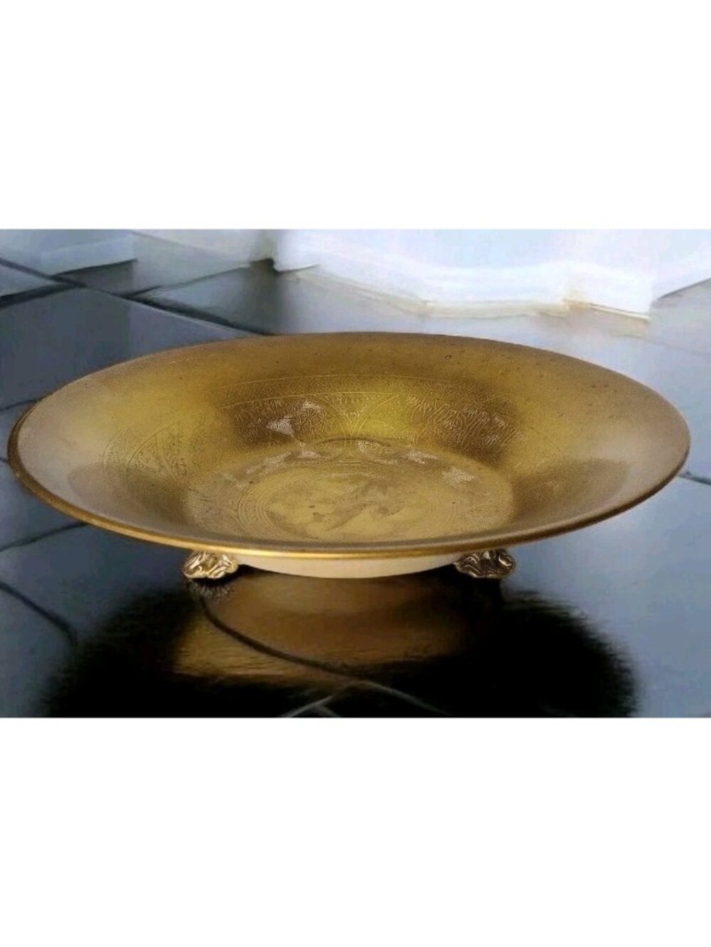Chinese Footed Brass Etched Bowl Dish 12" Elephants Symbols Hong Kong Asian READ